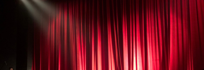 A stage curtain made from fabric. There is a spotlight in the middle and a silhouette of audience members sitting down.