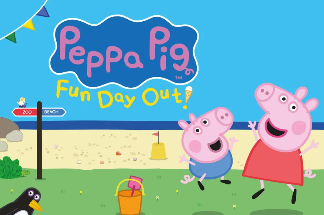 Peppa Pig and George dance on a beach beneath the text 'Peppa Pig's Fun Day Out'